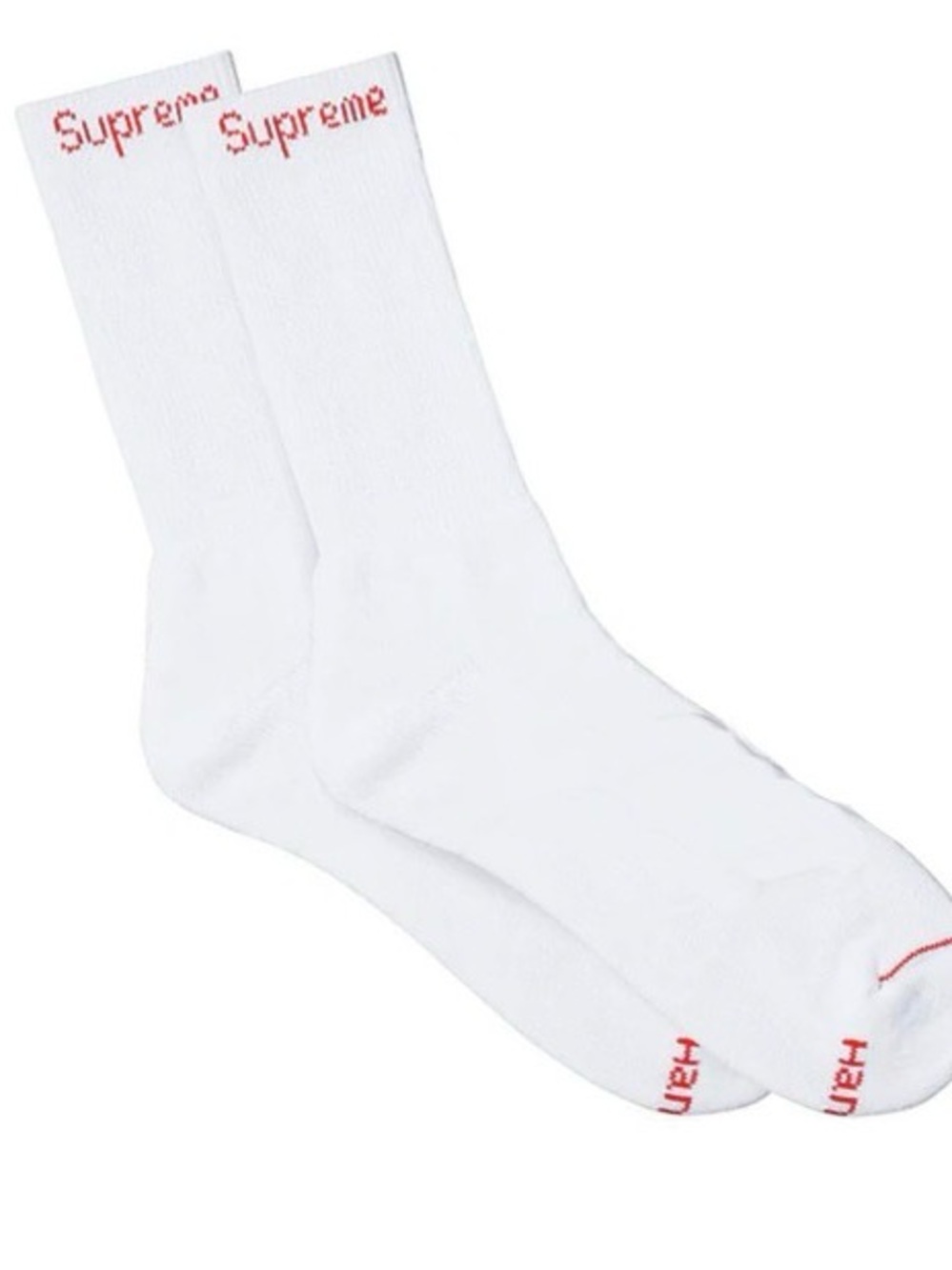 Supreme x Hanes White Crew Socks with Red Logo - 2 pairs